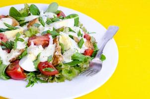 Salat aus Salat, Ei, Hühnchenstücken, Mayonnaise auf weißem Teller auf gelbem Hintergrund foto