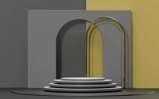 produktanzeige podium bühnenhintergrundstil mit grauer und goldener farbkombination 3d-rendering-gate-konzept foto