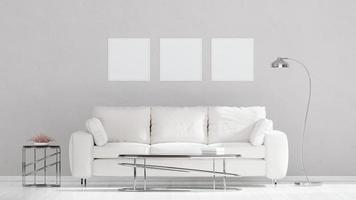 quadratisches plakatmodell mit drei rahmen auf leerer weißer wand im wohnzimmerinnenraum, wohnzimmer, 3d-rendering foto