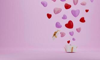 offene geschenkbox mit ballonherz auf rosa farbhintergrund, idee für muttertag, valentinstag, geburtstag, 3d-rendering. foto