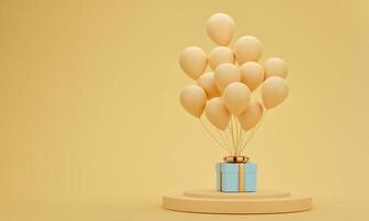 3D-Rendering. blaue geschenkbox und ballon auf präsentationspodium mit gelbem pastellhintergrund, minimalem hochzeits- und geburtstagskonzept foto