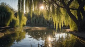 heiter Landschaft mit Weide Bäume reflektieren im ein Ruhe Teich unter ein warm Sonnenuntergang. foto