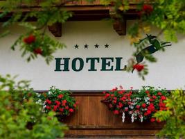 Topfblumen auf Balkonen und Terrassen österreichischer Holzchalets im kleinen Dorf Großarl. klassischer tourismus nach österreich. Schönheit, Komfort und Harmonie. saubere luft und ruhiges leben in den alpen. foto