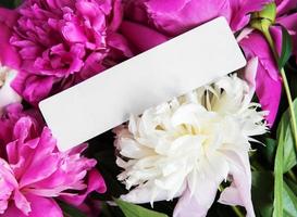 einladungskarte und rosa pfingstrosenblumen foto