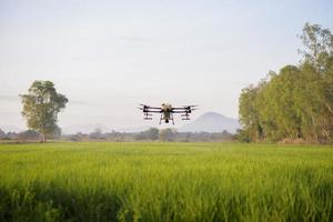 landwirtschaftliche Drohnen fliegen und sprühen Dünger und Pestizide über Ackerland, High-Tech-Innovationen und intelligente Landwirtschaft foto