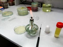 Nahaufnahme eines Ethanolbrenners, auch bekannt als Spirituslampe, in einem mikrobiologischen Labor. Wissenschaftskonzept. foto