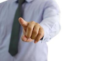 Geschäftsmannhand, die Finger auf weißen Hintergrund zeigt. Beschneidungspfad foto