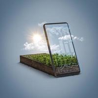 3D-Darstellung des Mobiltelefons mit Datenmanagement für den Pflanzenanbau. Konzept der digitalen Landwirtschaft isoliert. digitales Betriebsüberwachungssystem. foto