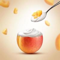 aprikosenjoghurt-anzeigen, ein löffel cremiger aprikosenjoghurt isoliertes kreatives plakat, 3d-illustration von aprikosen-natürlichen anzeigen foto