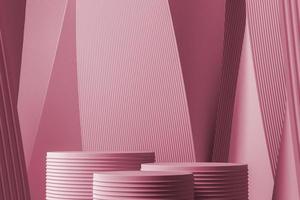 Podium drei auf abstraktem Farbverlauf und Wellenlinien pazifischer rosa Hintergrund. zur Produktpräsentation. 3D-Rendering foto
