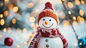 heiter Schneemann mit rot Hut und Schal im festlich Winter Wunderland foto