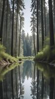 ein Vertikale Erfassung von ein Ruhe Fluss mit hoch Bäume reflektiert im es ist immer noch Wasser, Bereitstellung ein gespiegelt bewirken und klar Raum zum Text. foto