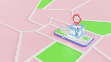3D-Einkaufsgeschäft auf einem mobilen Smartphone mit GPS-Navigation. gps-navigations- und geschäftsstandortkonzept. 3D-Darstellung foto