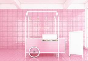 Café im minimalistischen Stil mit rosa Hintergrund und weißem Ladenschild, rosa Wand und rosa Fliesenboden, 3D-Darstellung. foto