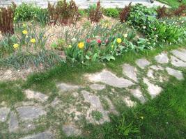 Blick auf den Frühlingsgarten. kleiner Steinweg. foto