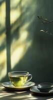 Glas Tasse von Grün Tee und Morgen Sonnenschein foto