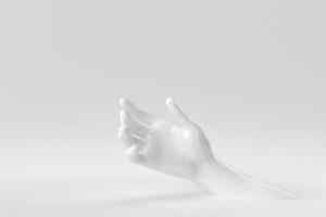 Hand, die so etwas wie eine Flasche oder ein Smartphone auf weißem Hintergrund hält. abstraktes polygonales Minimalkonzept. einfarbig. 3D-Rendering. foto