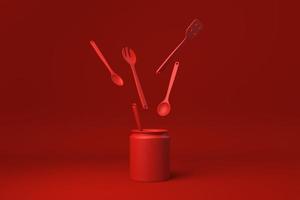 Rote Küchenutensilien und Backzutaten, die auf rotem Hintergrund schweben. minimale konzeptidee kreativ. einfarbig. 3D-Rendering. foto