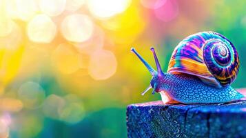 beschwingt Regenbogen Schnecke auf hölzern Oberfläche schließen oben Makro Schuss bunt Natur foto