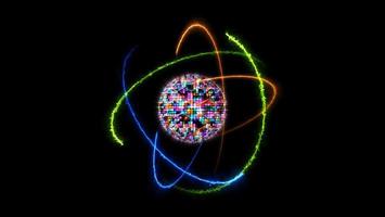 Quantenfuturistische Computeranimation abstrakter pastellfarbener heller Kugelball und hellblauer Kern mit Atom foto