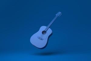 blauer gitarrenakustikkörper, der in blauem hintergrund schwimmt. minimale konzeptidee kreativ. einfarbig. 3D-Rendering. foto