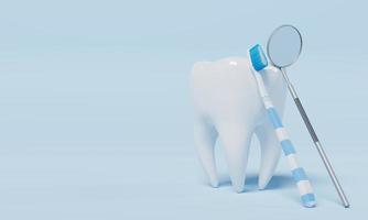 Zahn mit Zahninspektionsspiegel auf blauem Hintergrund. zahn- und gesundheitskonzept. 3D-Darstellungswiedergabe foto