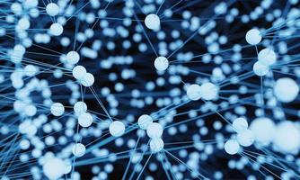 abstrakte blaue Glühbirne futuristischer Technologie-Netzwerkknoten. kabeldatenleitungsübertragungsverbindungen und kommunikationsstrukturkonzept. neuronen des gehirn- und elektronenthemaelements. 3D-Darstellung.