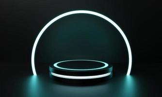 modernes rundes produktschaufenster sci-fi-podium mit blaugrün leuchtendem neonrahmenhintergrund. Technologie und Objekt für Werbevorlagenkonzept. 3D-Darstellungswiedergabe foto