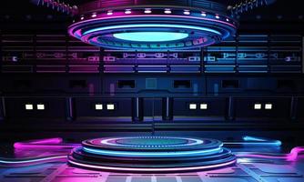 Cyberpunk-Sci-Fi-Produkt-Podiumsschaufenster in Raumschiffbasis mit blauem und rosafarbenem Hintergrund. Technik und Objektkonzept. 3D-Darstellungswiedergabe foto