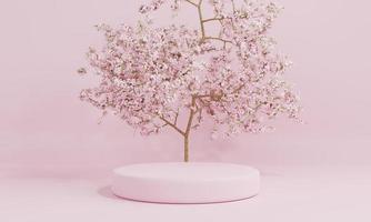 Podiumsvitrine mit rosafarbenem Produkt im minimalen Stil mit Kirschblütenbaum oder Sakura in japanischer Sprache im öffentlichen Garten. Technik und Objektkonzept . 3D-Darstellungswiedergabe foto