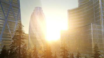 Skyline der Stadt mit städtischen Wolkenkratzern bei Sonnenuntergang foto