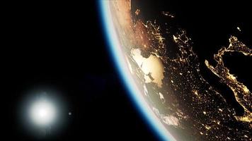 Weltraum, Sonne und Planet Erde bei Nacht