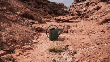 Getränkedose in Sand- und Felsenwüste foto