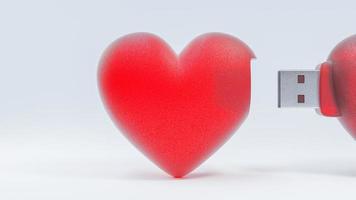 Flash-Laufwerk rote Herzform, die Liebesinformationen sendet. übertragen sie daten liebes- und beziehungskonzept. 3D-Rendering. foto