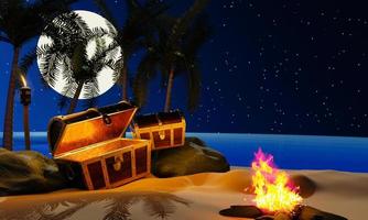 die schatzkiste öffnete sich, das licht schien, gottstrahl. Piratenschatzkiste an einem Sandstrand, einsame Insel, Vollmondnacht. 3D-Rendering foto