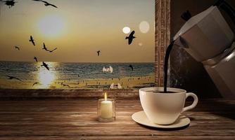 schwarzer Kaffee in einer weißen Tasse auf einer Untertasse. Kaffeebecher auf einem Holztisch am Fenster mit Meerblick. Sonnenuntergang am Meer. Tisch am Fenster im Strandhaus. eine Kerze in einem durchsichtigen Glas anzünden. 3D-Rendering foto