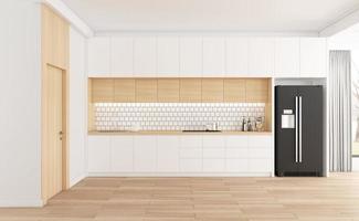 minimalistischer Küchenraum mit weißen Möbeln und Holzboden. 3D-Rendering foto