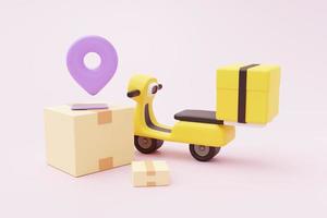 kartons und smartphone-pin-standort online-lieferung transport logistikkonzept cartoon illustration 3d-rendering foto