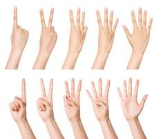 Der Gruppensatz, der Finger der Frau machen die Zahlen isoliert auf Weiß. foto