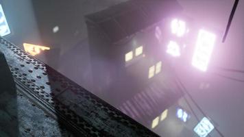 neonlichter im weichen fokus auf der straße mit nebel in der nacht foto