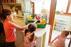 drei kinder, die ihre lieblingshaustiere an den händen halten. Kinder spielen zu Hause mit Hamster, Schildkröte und Papageien. foto