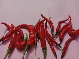 großer roter Chili und lockiger roter Chili. mit rosa Hintergrund foto
