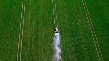 Behandlung von Feldern mit Pestiziden. Landwirtschaft. traktorfahrten auf der felddraufsicht. foto