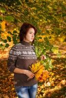 Porträt einer jungen Frau, die in einem Herbstpark mit Blättern in ihren Händen lächelt foto