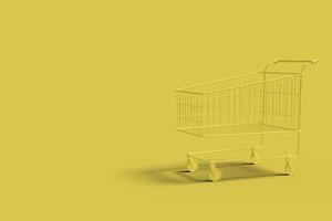 gelber Warenkorb auf gelbem Hintergrund abstraktes Bild. Einkaufsgeschäft mit minimalem Konzept. 3D-Rendering. foto