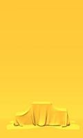Podium, Sockel oder Plattform mit goldenem Stoff auf gelbem Hintergrund. abstrakte Darstellung einfacher geometrischer Formen. 3D-Rendering. foto