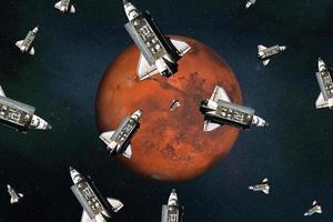 fliegende Raumfähren in der Nähe des Marsplaneten des Sonnensystems. Mars-Kolonisierungskonzept. 3D-Darstellung. elemente dieses bildes wurden von der nasa bereitgestellt foto