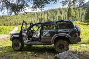 Geländewagen 4x4 mit offener Tür unter Baum gegen dichten Wald. foto