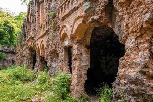 bröckelnde alte Ziegel der alten verlassenen Festung, umgeben von grünen Pflanzen foto