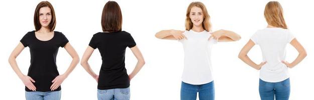 T-Shirt-Set. Vorder- und Rückansicht Brünette und Blondine im weißen und schwarzen T-Shirt isoliert. zwei Mädchen in leerem Hemd, Mock-up, Collage, Kopierraum, Vorlage foto